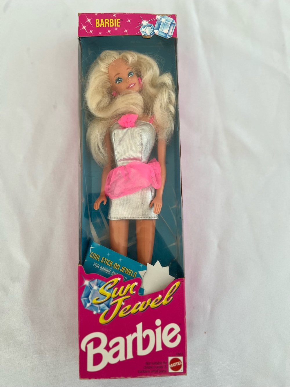 Vintage 1993 Barbie Sun Jewel Blonde Doll with Silver Dress and Pink Accent
